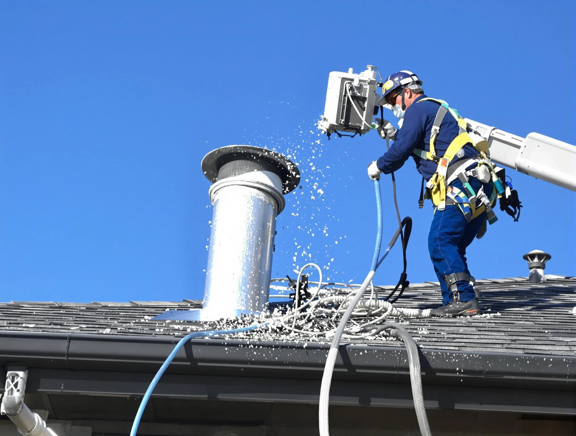 Plymouth Dryer Vent Cleaning certified technician safely cleaning a roof-mounted dryer vent in Plymouth