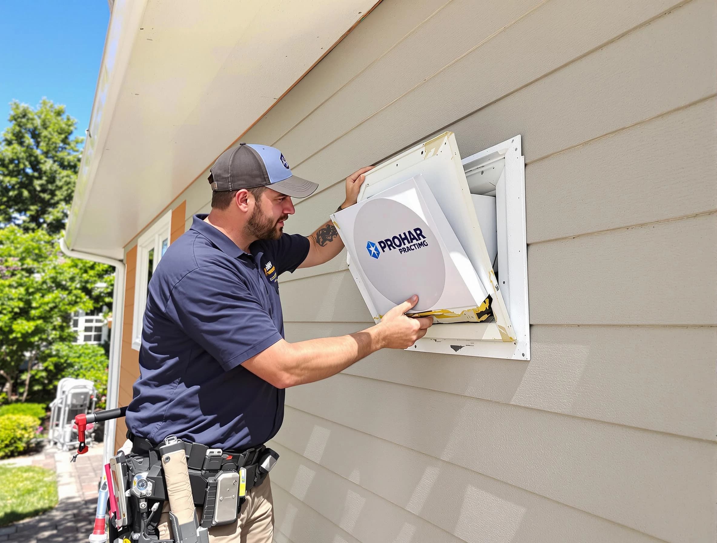 Plymouth Dryer Vent Cleaning technician installing a new protective dryer vent cover on a home in Plymouth