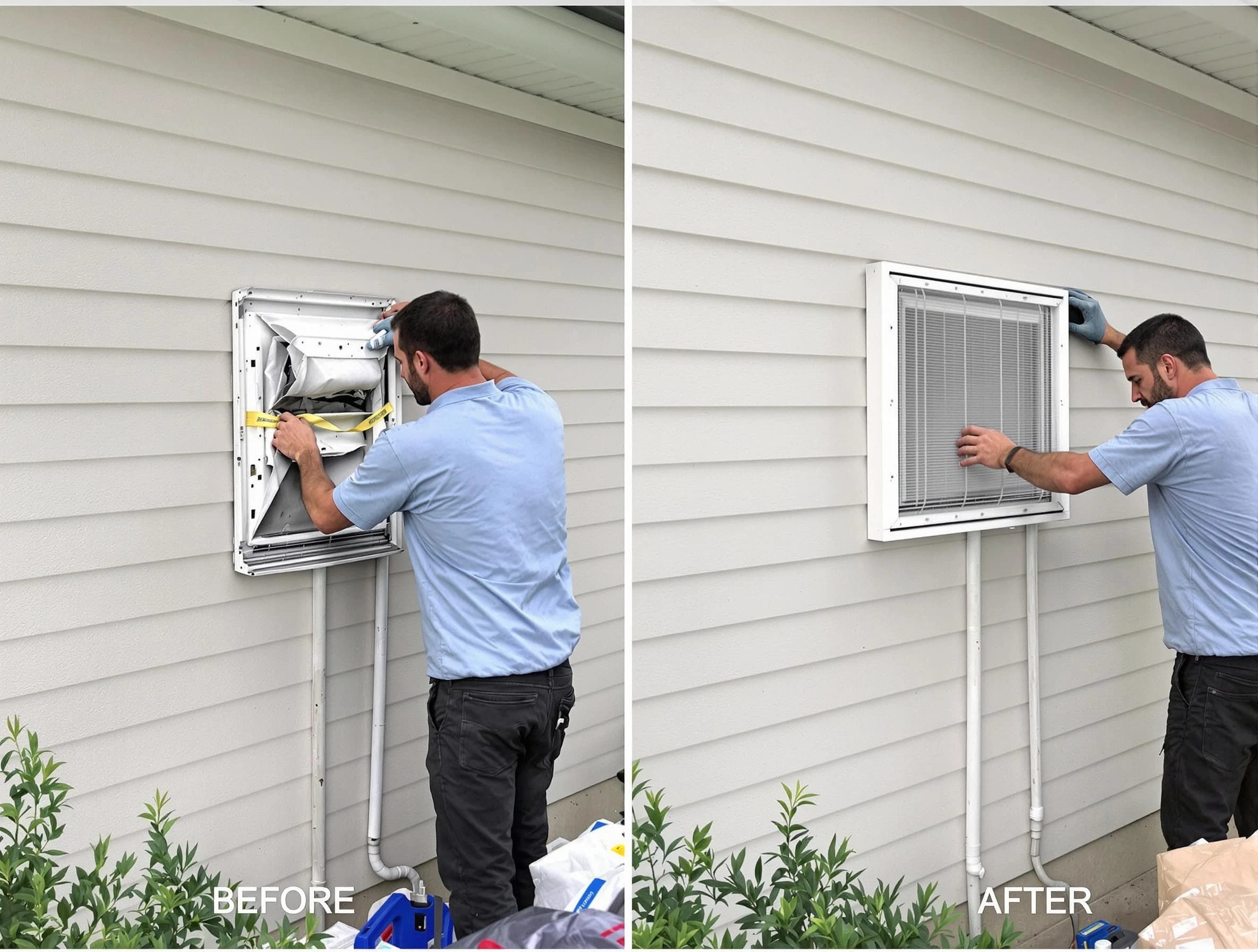 Plymouth Dryer Vent Cleaning technician installing high-quality dryer vent cover at a residential property in Plymouth
