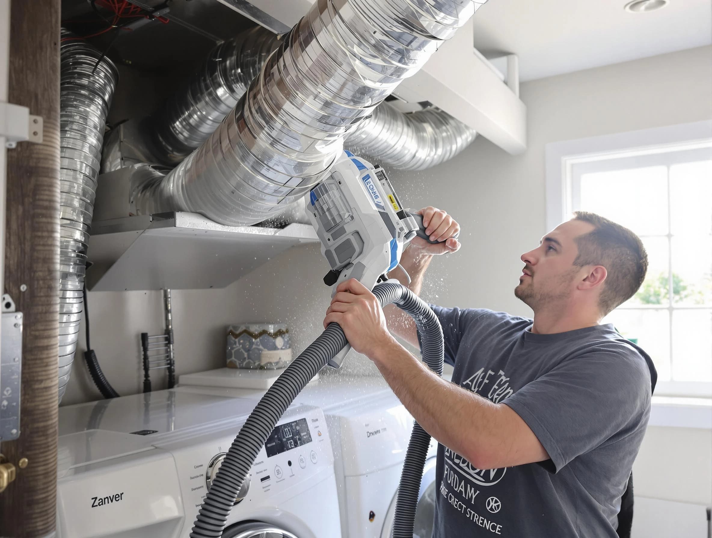 Plymouth Dryer Vent Cleaning specialist cleaning deep within a dryer vent duct system in Plymouth